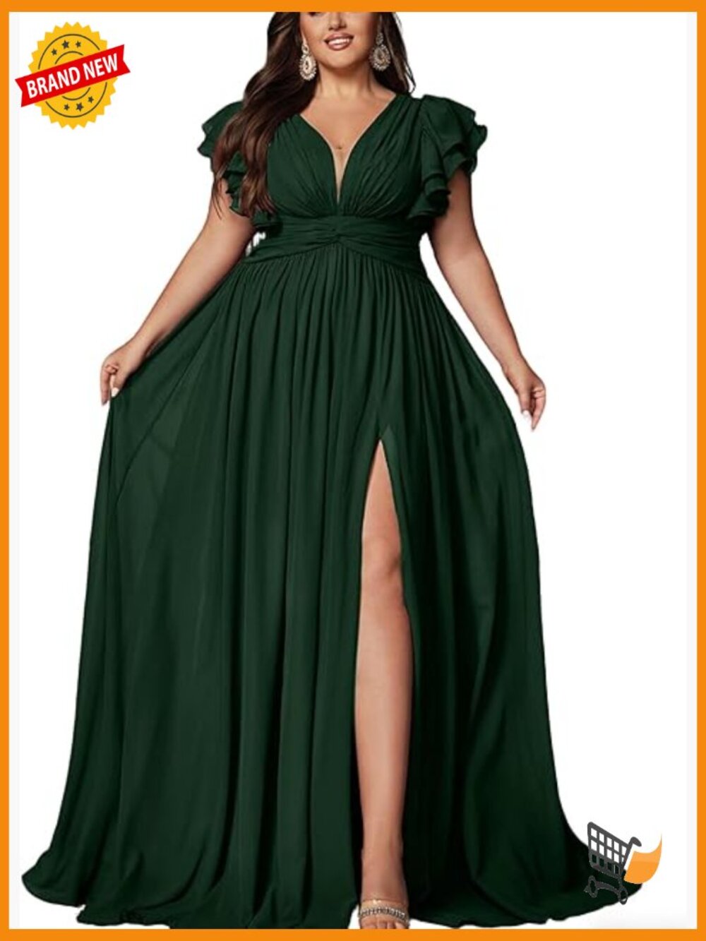 Plus Size Chiffon Maxi Dress High Slit V Neck Ruffle Sleeve Bridesmaid Formal
